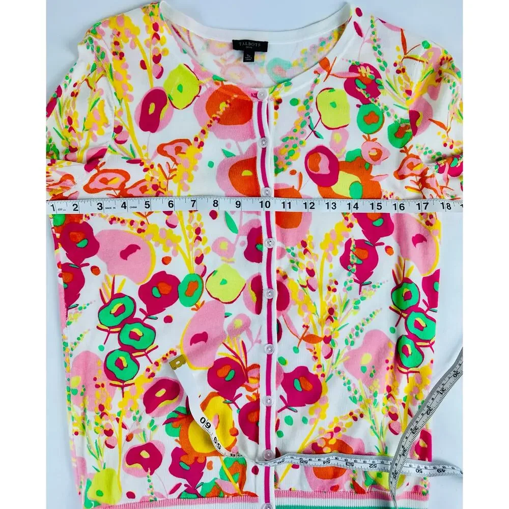 Talbots Small Floral Charming Cardigan Sweater Cotton Floral 3/4 Sleeve Bright - Picture 5 of 7